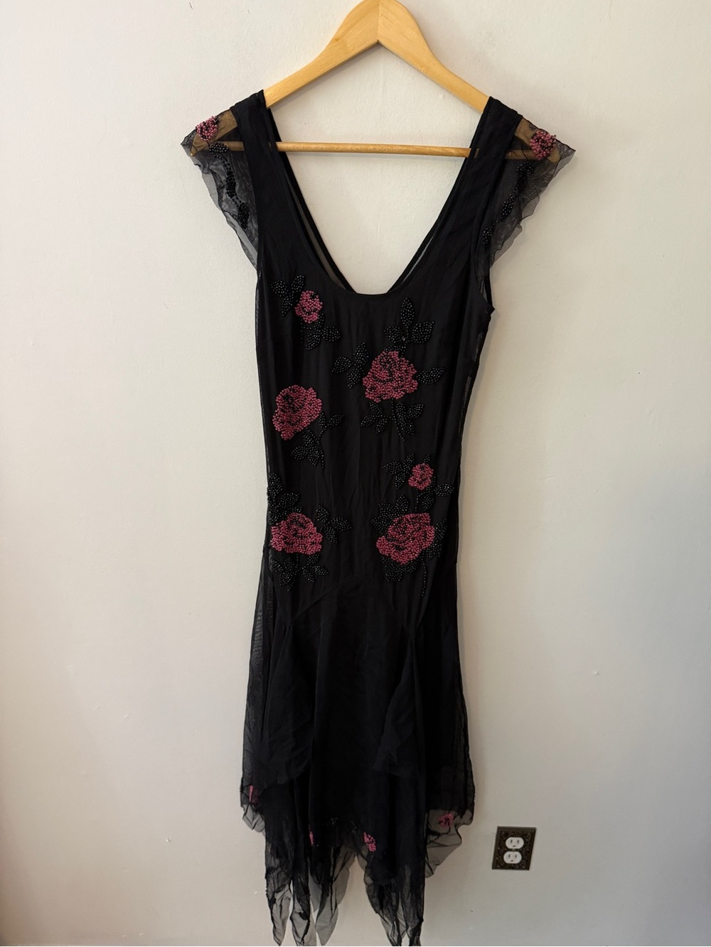Y2K vintage Sue Wong Black Dress with Pink Rose Appliqué